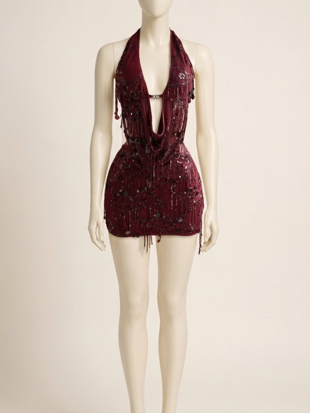 Novelife Burgundy Sequin Fringe Halter Crop Top Mini Skirt Set Women's S